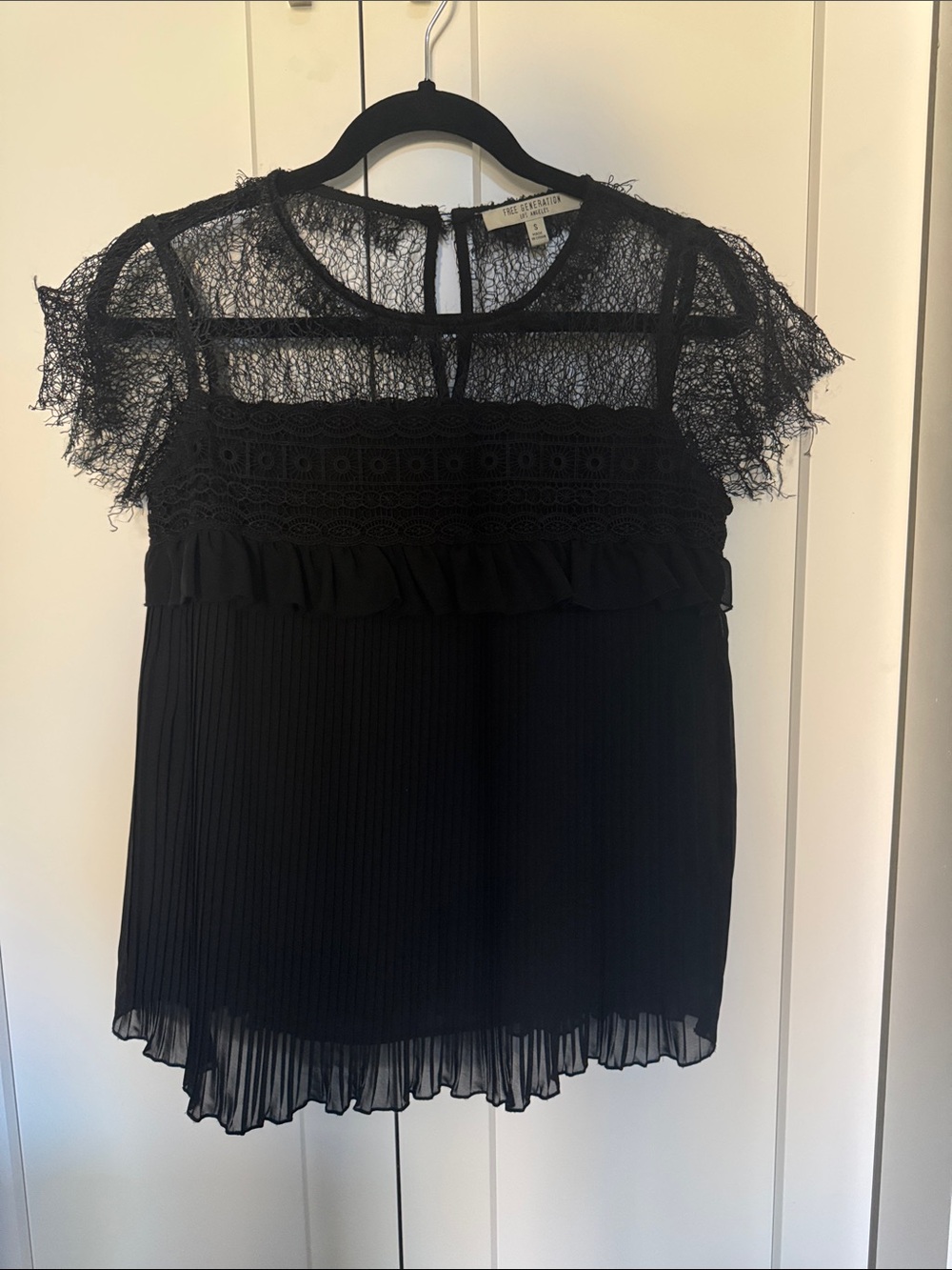 The Kooples Lace Yoke Black Pleated Short Sleeve Blouse